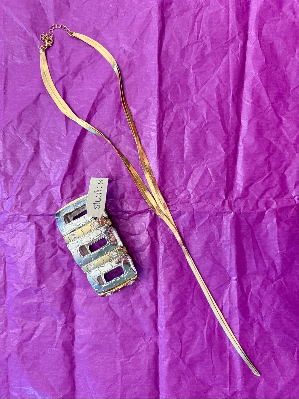Gold Long Lariat Necklace and Cuff Bracelet